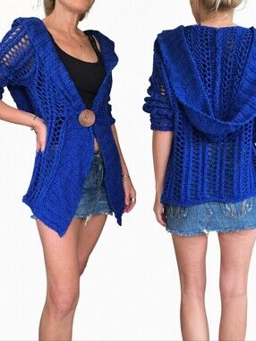 Free People Crochet Open Knit Blue Cardigab Sweated Woodeb Button Long Size S